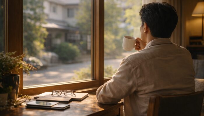 タクシー隔日勤務の明け休みに自宅で静かに過ごす後ろ姿の風景