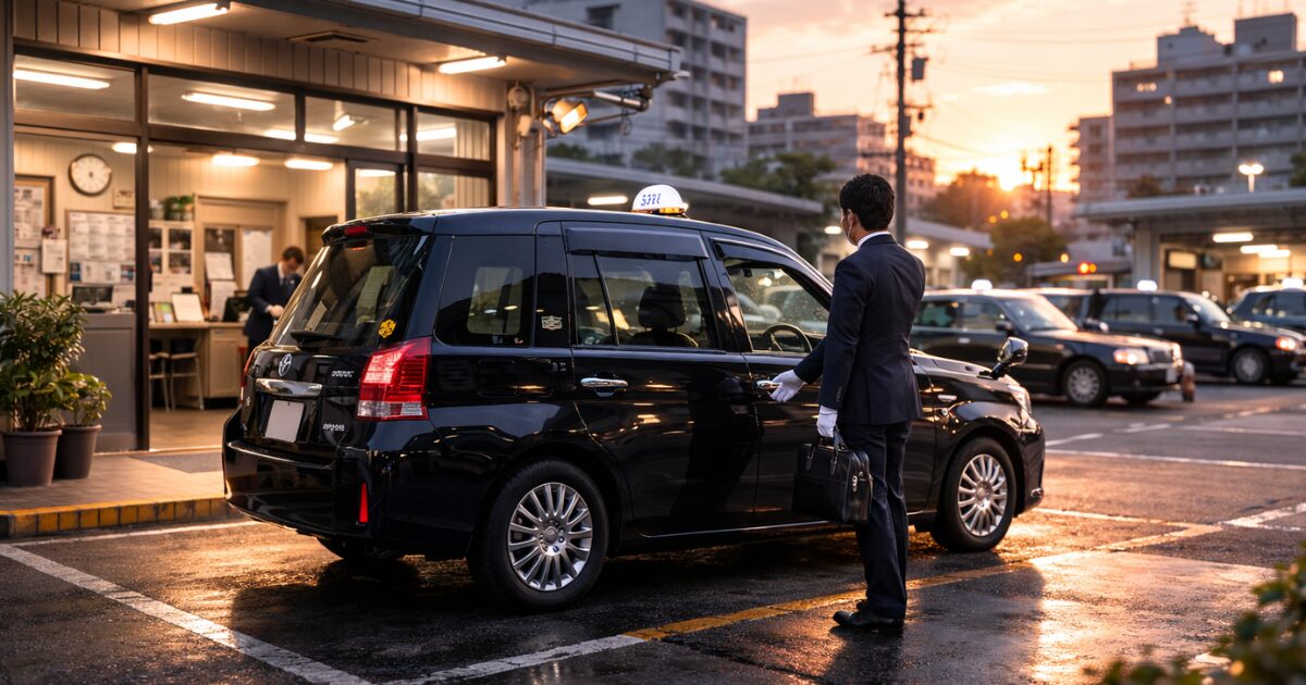 隔日勤務の始まりとして営業所前でジャパンタクシーの出勤準備をする様子