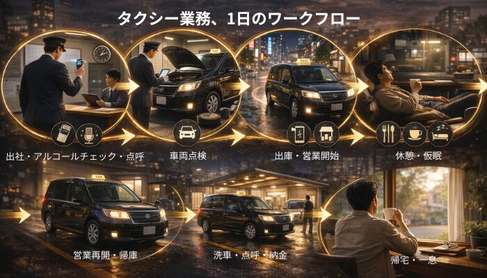 タクシー隔日勤務の1日の流れをイメージしたワークフロー画像