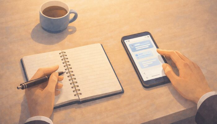 スマホとノートでAIを使った副業の整理を始めるイメージ