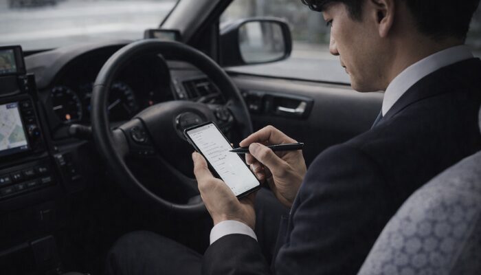 車内でスマホにメモを取りながら副業準備を進める男性のイメージ
