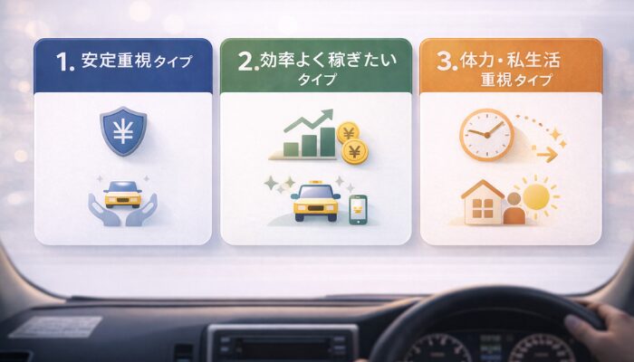 タクシー会社選びを安定重視・収入重視・私生活重視の3タイプで整理した図解