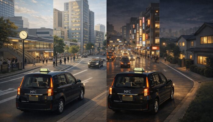 昼と夜で異なるタクシー営業の雰囲気を比較した街並みのイメージ