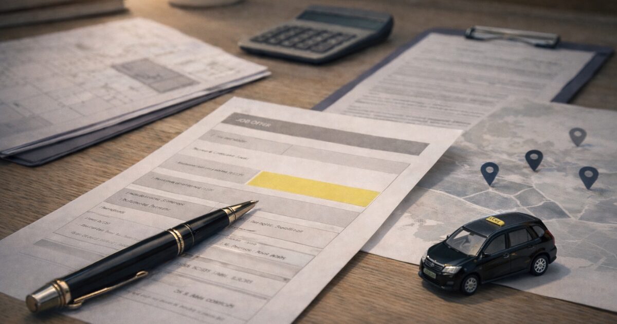 タクシー転職前に確認したい条件や営業エリアを資料で整理しているイメージ