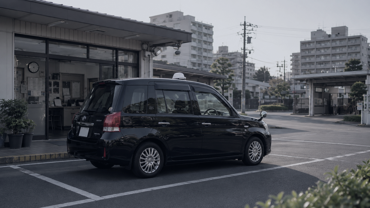 タクシー会社の営業所前に停まるジャパンタクシー