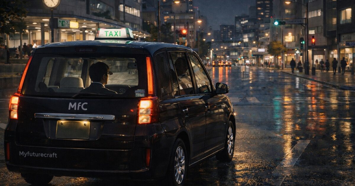 夜の都心を走るジャパンタクシーの後方外観。雨で濡れた道路に街の光が反射している風景