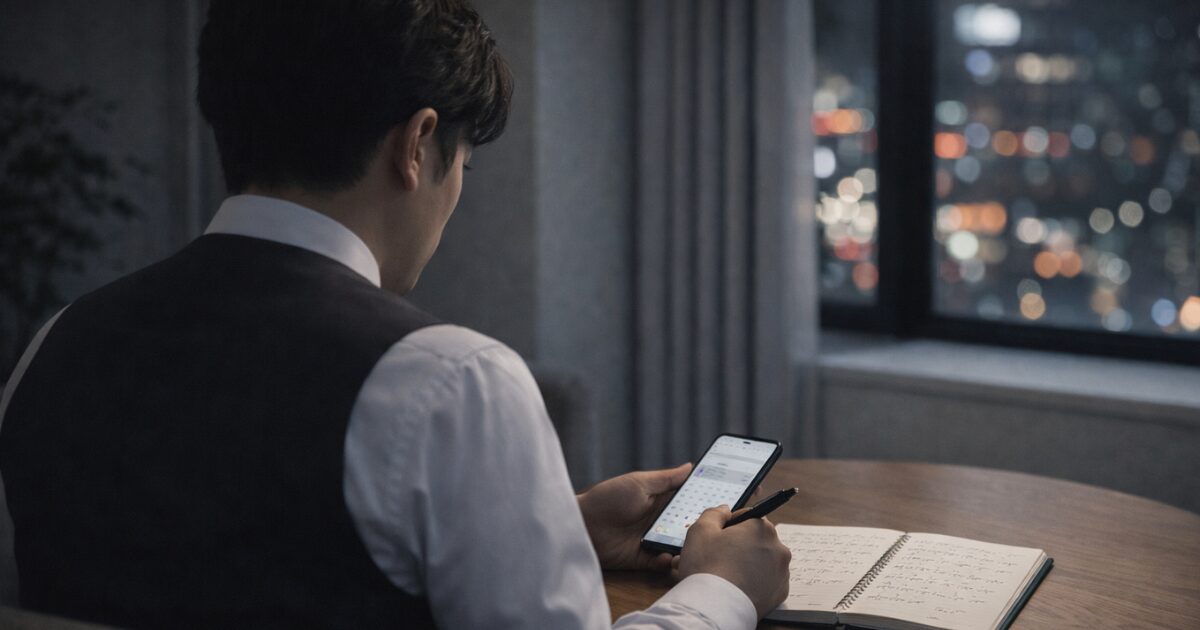 タクシー運転手が夜の自宅でメモを見ながら副業ブログの準備をしている様子