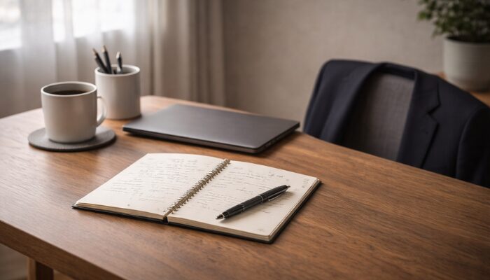 副業ブログの準備としてノートとパソコンを机に置き、静かに作業を始める前のデスク風景