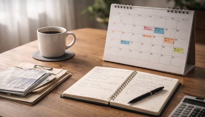 カレンダーとノートを使って副業ブログの作業予定と生活設計を整理している机の上