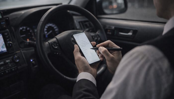 タクシー運転手が車内でスマートフォンにメモを取り副業ブログの材料を整理している様子