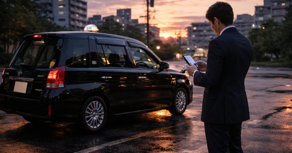 タクシー運転手の男性がスマホとメモを見ながら副業や将来設計を考えている様子