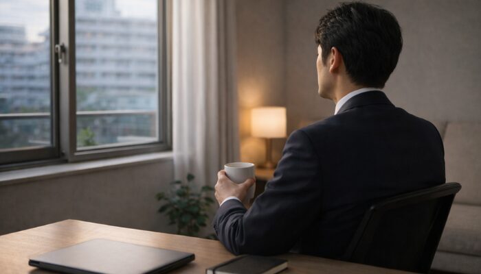 明けの日に自宅で休みながら今後の働き方を考えるタクシー運転手の男性