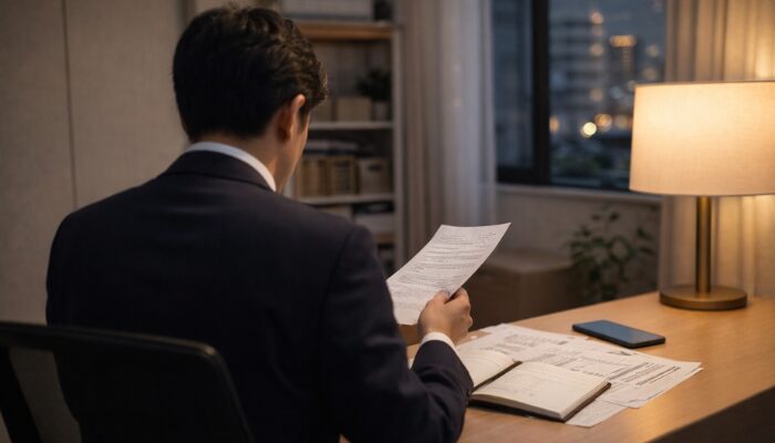 タクシー運転手の男性が雇用契約や就業規則の書類を机で確認している様子