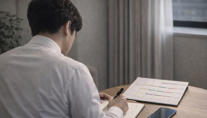 ノートとカレンダーを見ながら副業時間と休みの使い方を考えるタクシー運転手の男性