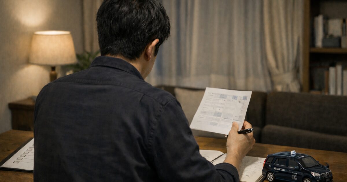 タクシー転職の条件を自宅で整理する40代男性のイメージ