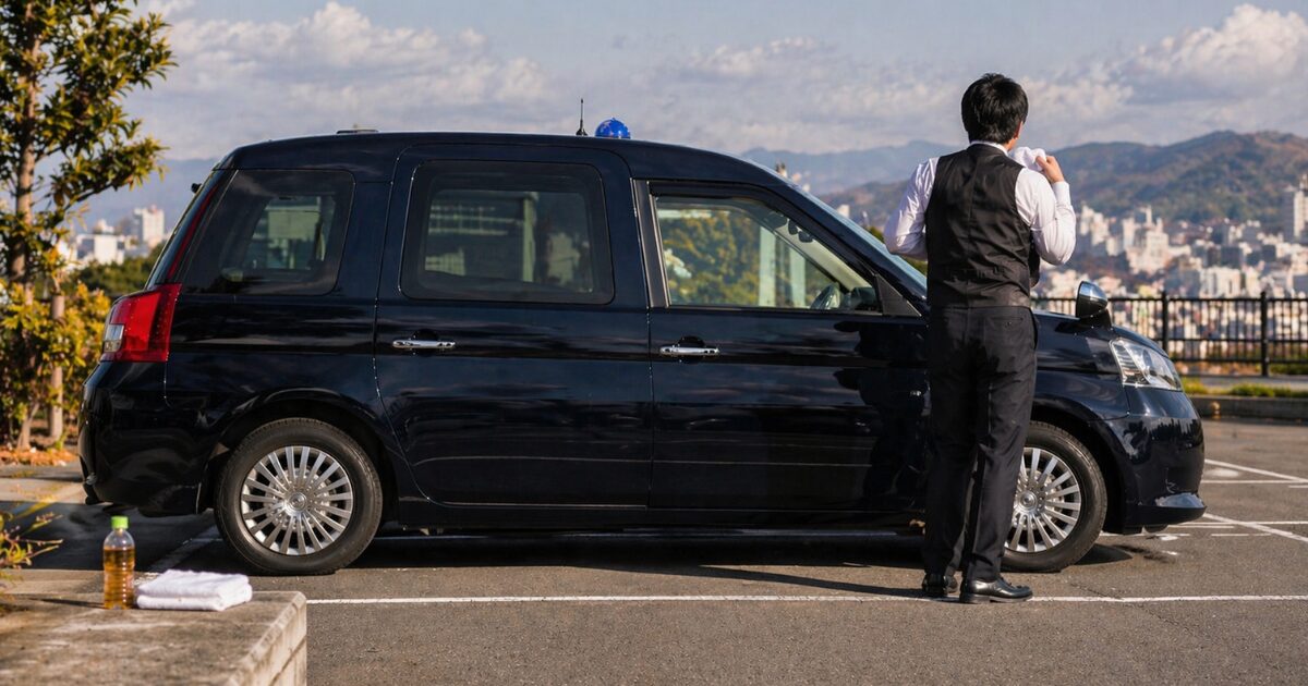 タクシー車両のそばで飲み物とタオルを置き、休憩を取る運転手の様子
