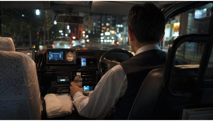 夜の乗務中に車内で飲み物を手にしながら休憩するタクシー運転手の様子