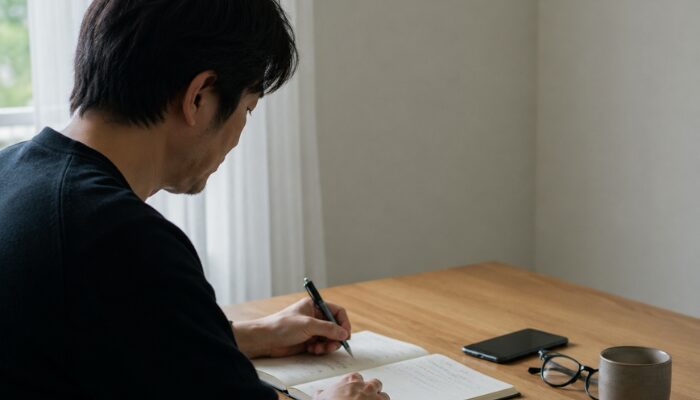 タクシー転職についてノートに整理する男性の横からの様子