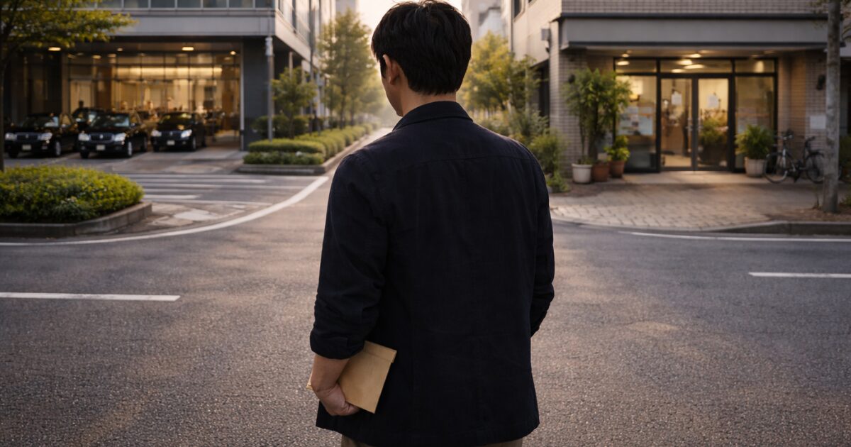 大手と中堅のどちらが自分に合うか考える40代男性の後ろ姿