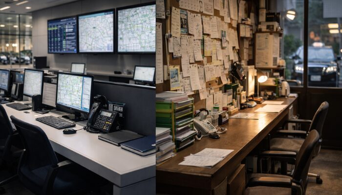 大手と中堅のタクシー会社の職場環境の違いを対比したイメージ