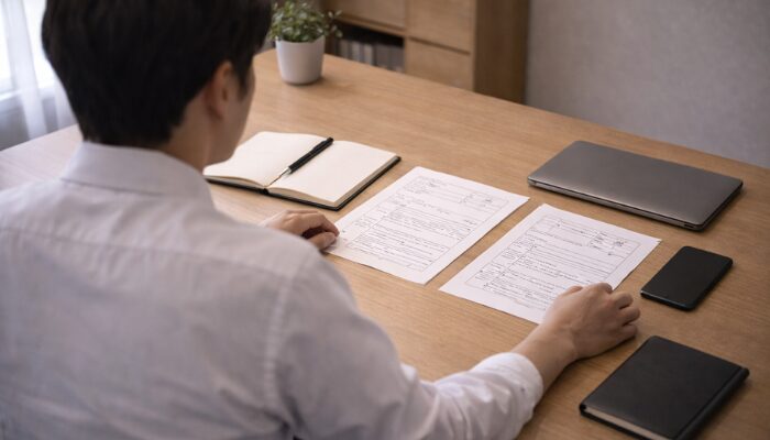 応募先の条件を比較している後ろ姿の男性