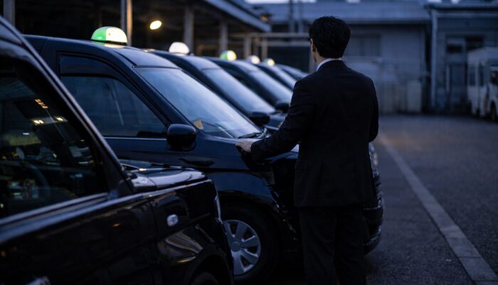 営業所に並ぶタクシー車両を見ながら会社の現場環境を確認するイメージ