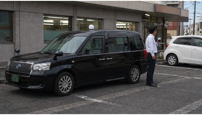 営業の合間に駐車スペースで休憩を取るタクシー運転手の様子