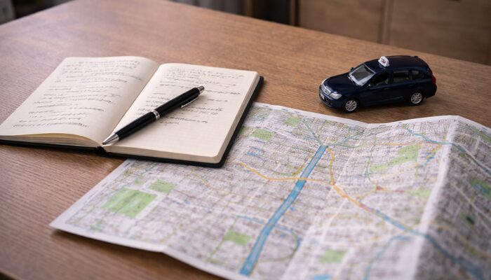 地図とメモを見ながらタクシー営業エリアや働き方を整理するイメージ