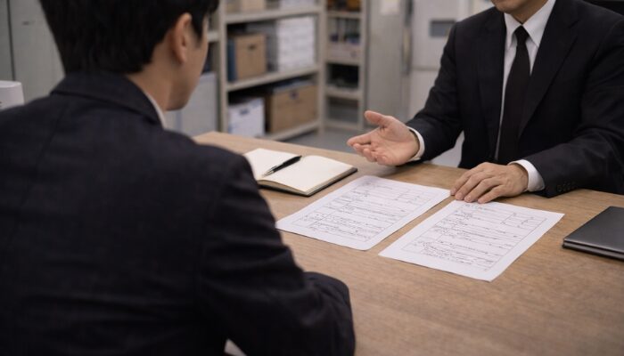 配車アプリ対応や勤務条件についてタクシー会社で確認している面談風景