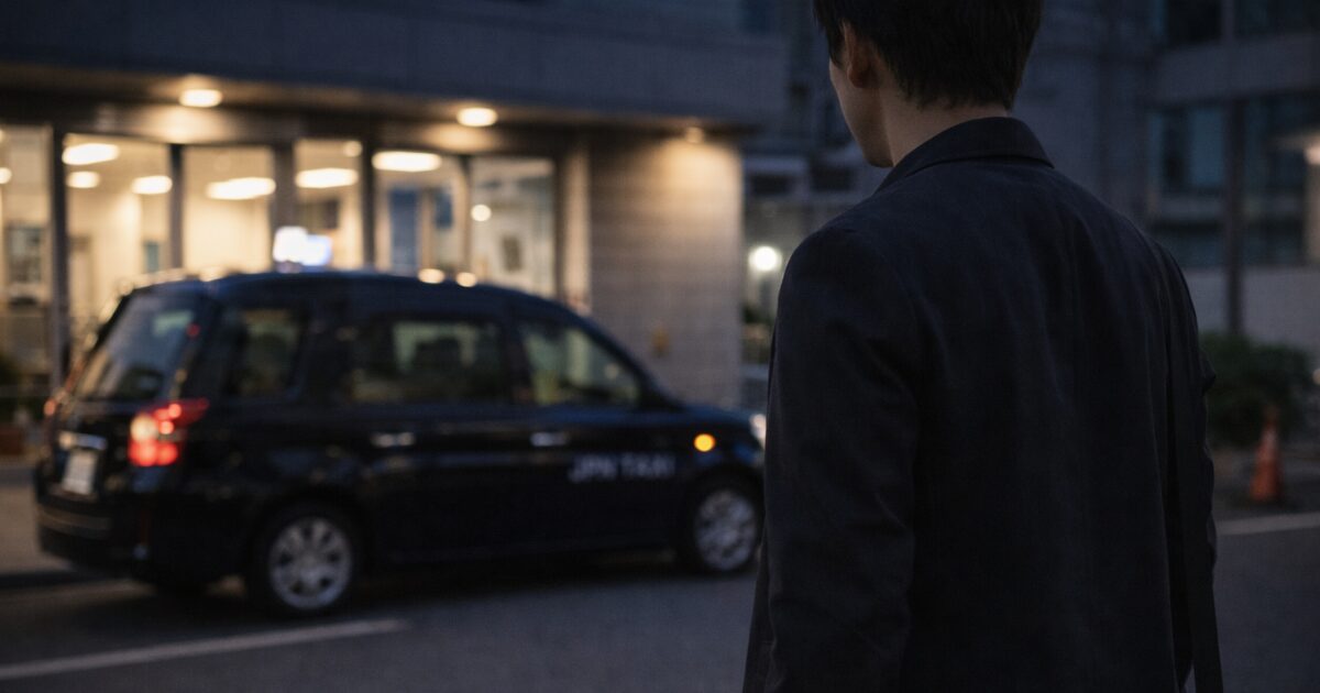 タクシー会社の前で転職条件を静かに見極める男性の後ろ姿