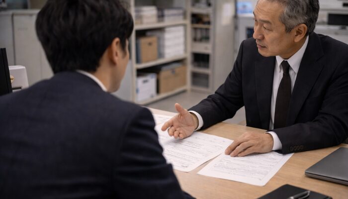 タクシー会社で勤務条件の説明を受ける後ろ姿の応募者