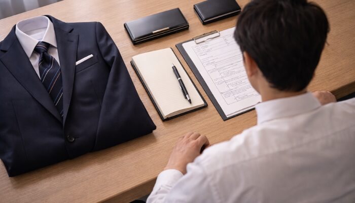面接前の準備物を机に整理する後ろ姿の男性