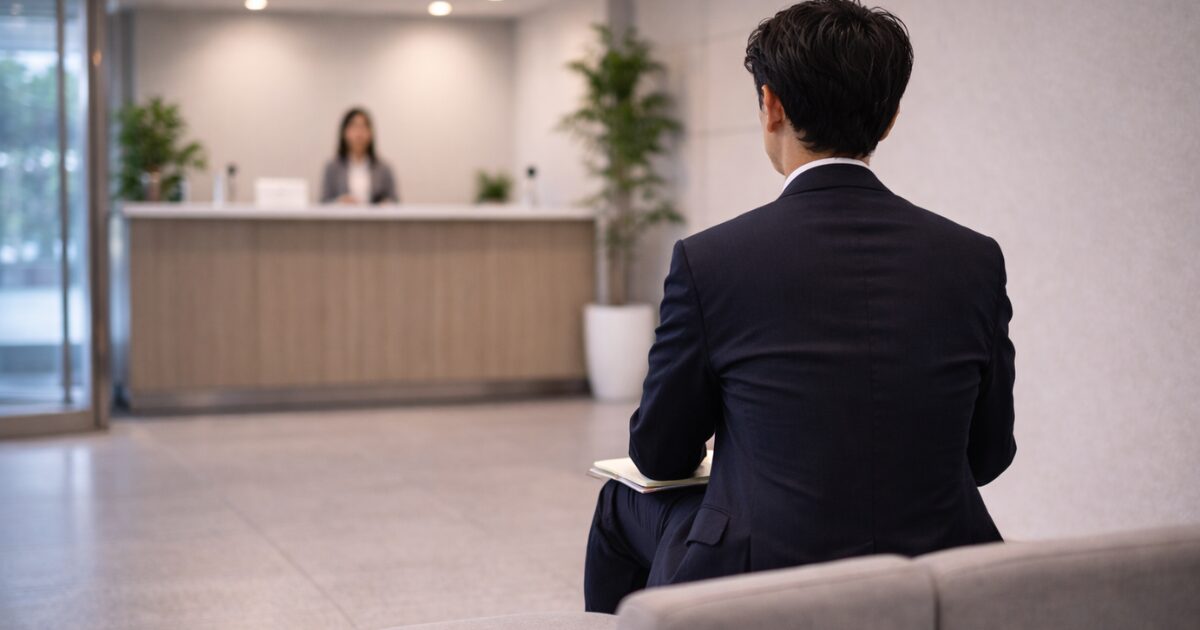 面接前にロビーで静かに待機する後ろ姿の男性