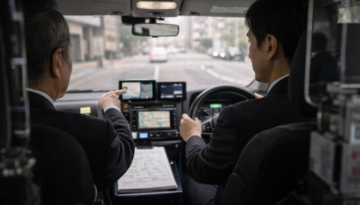 独り立ち前の同乗研修を表したタクシー運転席の風景