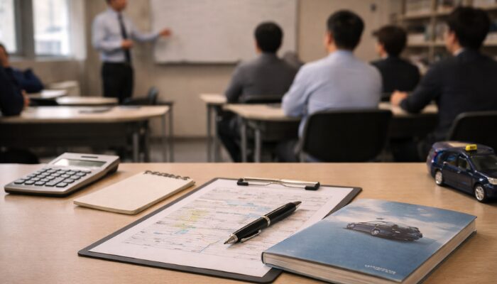 タクシー会社の研修室で座学を受ける未経験者向け研修のイメージ