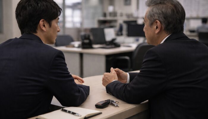 独り立ち後の新人ドライバーが先輩スタッフに相談している様子