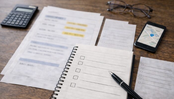 タクシー求人票の確認項目をノートで整理している机上のイメージ