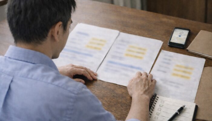 複数のタクシー求人票を比較しながら応募先を絞る男性の様子