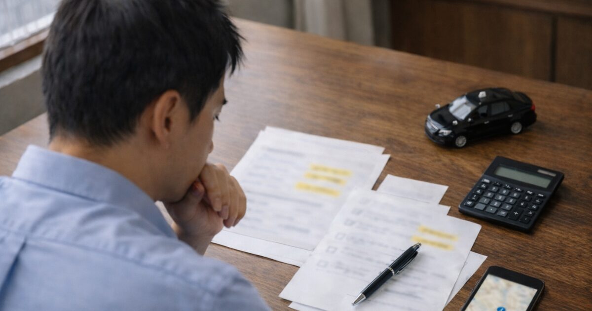 タクシー求人票を机で確認しながら応募先を検討する男性の様子