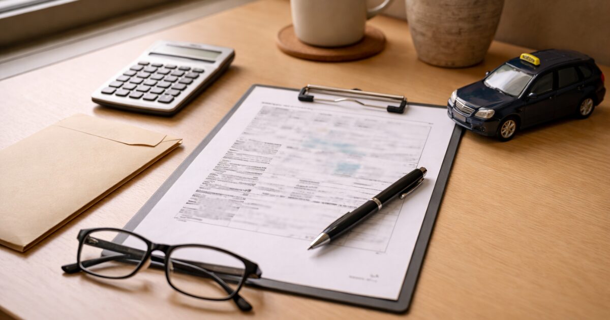タクシー転職で二種免許の会社負担条件確認をイメージした書類や電卓の机上の写真