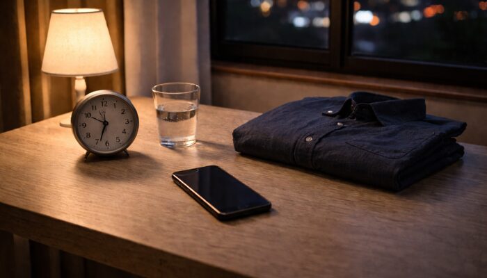 勤務時間や生活リズムの変化への不安をイメージした夜の室内風景