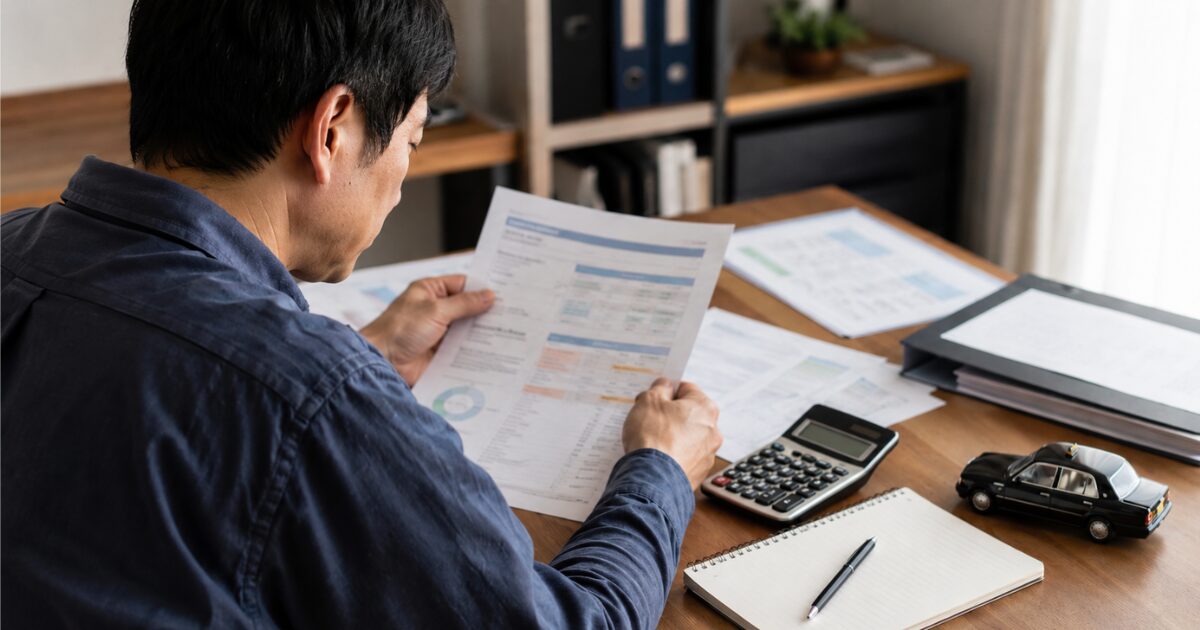 タクシーの歩合率や手取りを計算しながら給与の仕組みを確認しているイメージ