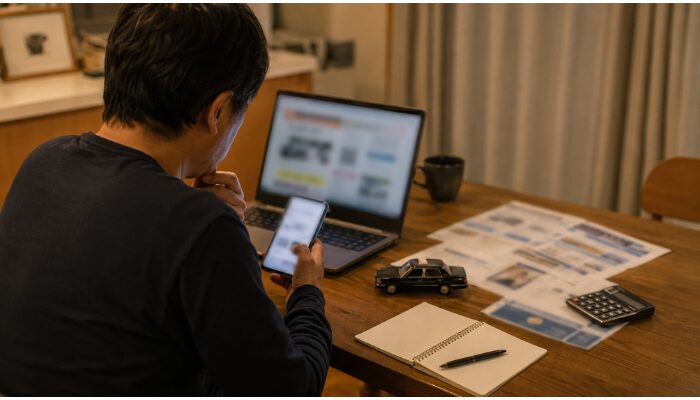 タクシー専門転職サービスの概要をスマホで確認する男性の後ろ姿