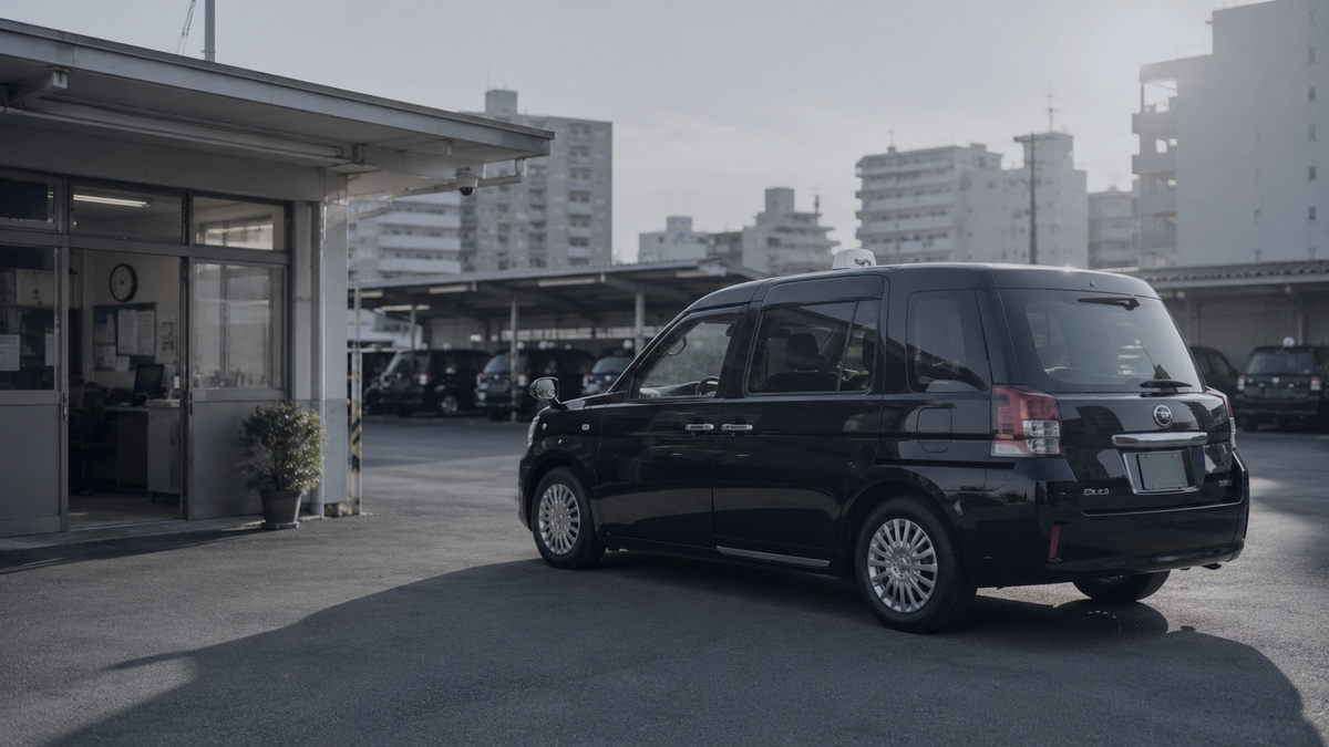 タクシー会社の車庫に停まるジャパンタクシーと並ぶ営業車