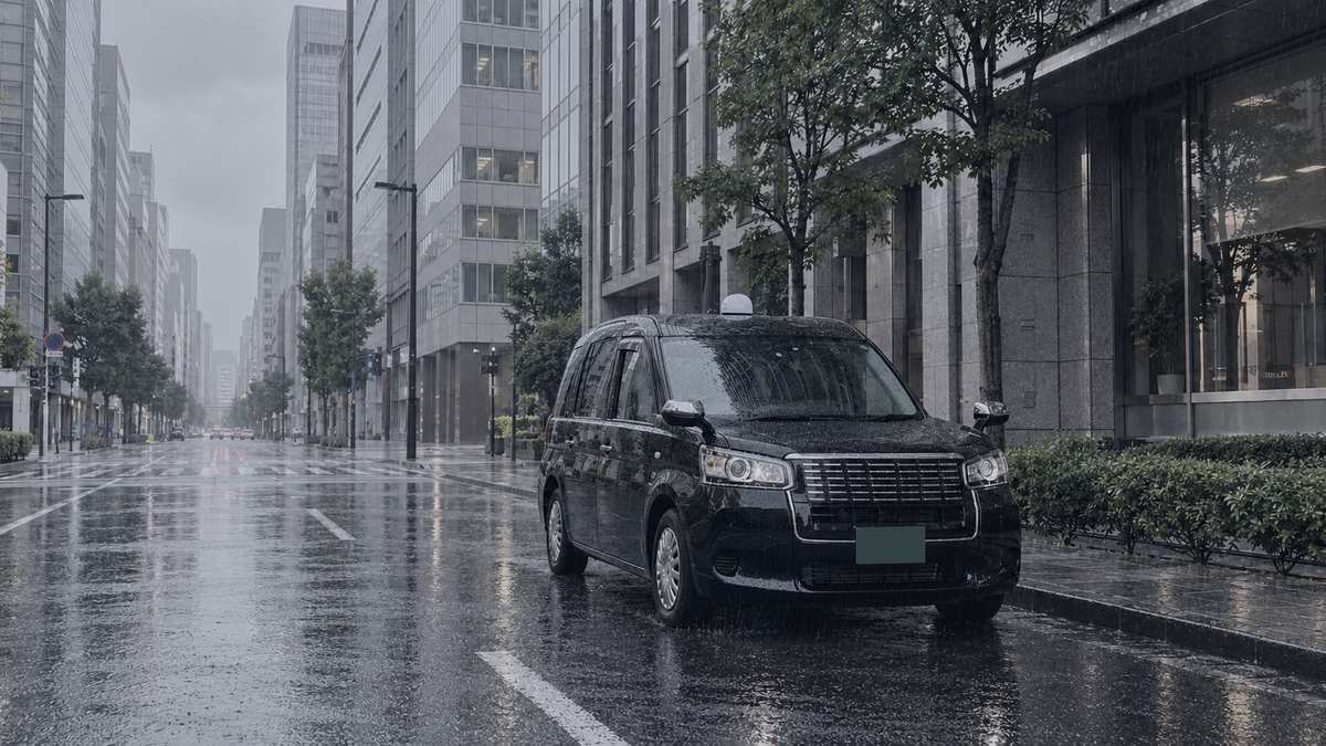 雨の日のオフィス街に停まるジャパンタクシー