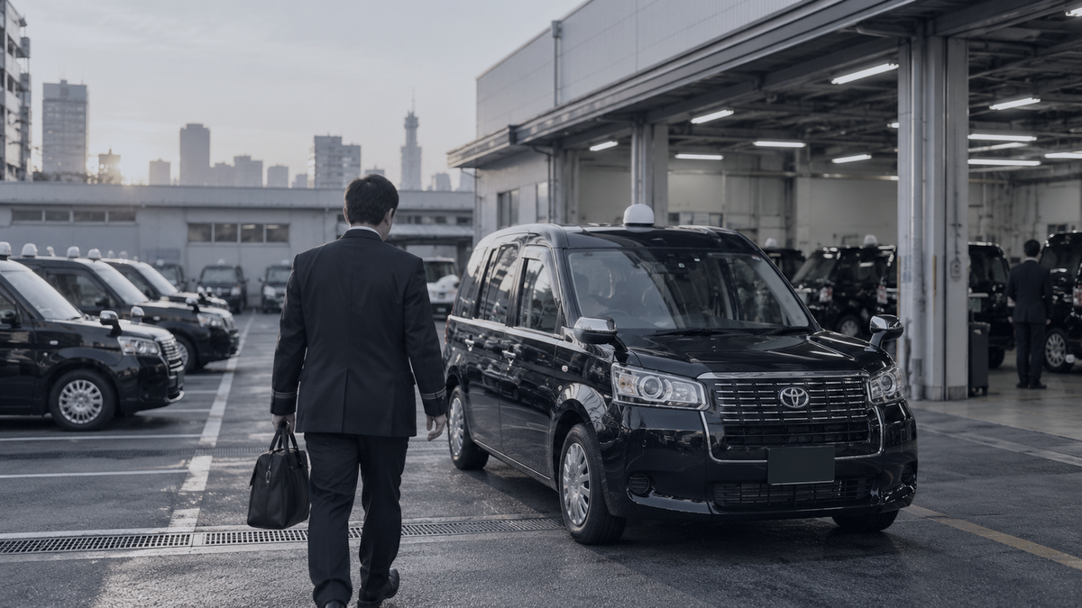 タクシー営業所の車庫で乗務に向かうドライバーの後ろ姿